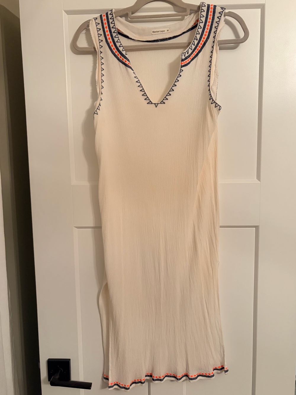 Marine Layer Cream Sleeveless Midi Dress with Navy & Coral Trim